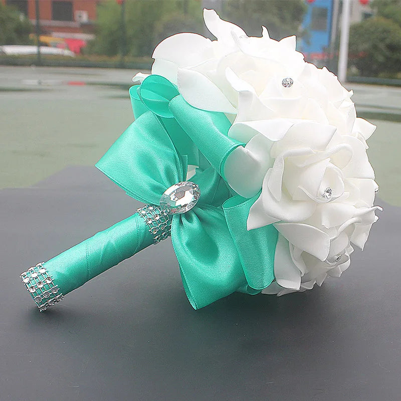 Cheap Prom Baby Blue Flower Brooch Wedding Bouquet De Mariage Wedding Bouquets PE Rose Diamond Ribbon Bouquet W2017D